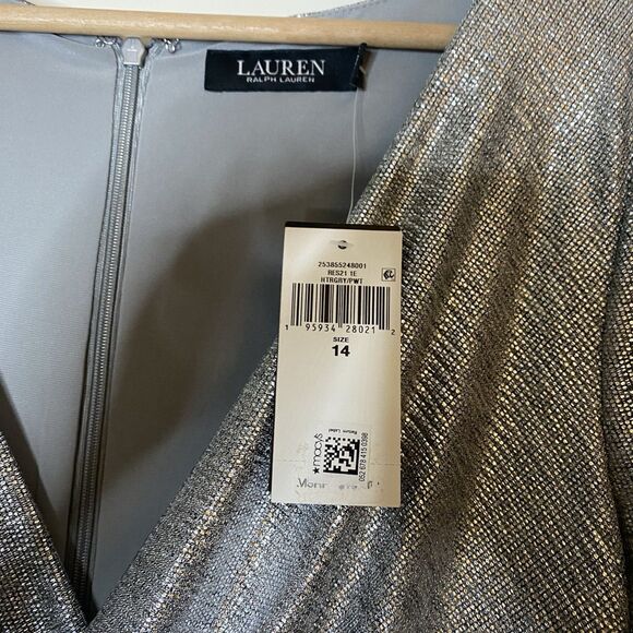 NWT Ralph Lauren Sz 14 Long Sleeve Cocktail Dress Metallic Silver Gray Faux Wrap - Picture 9 of 10